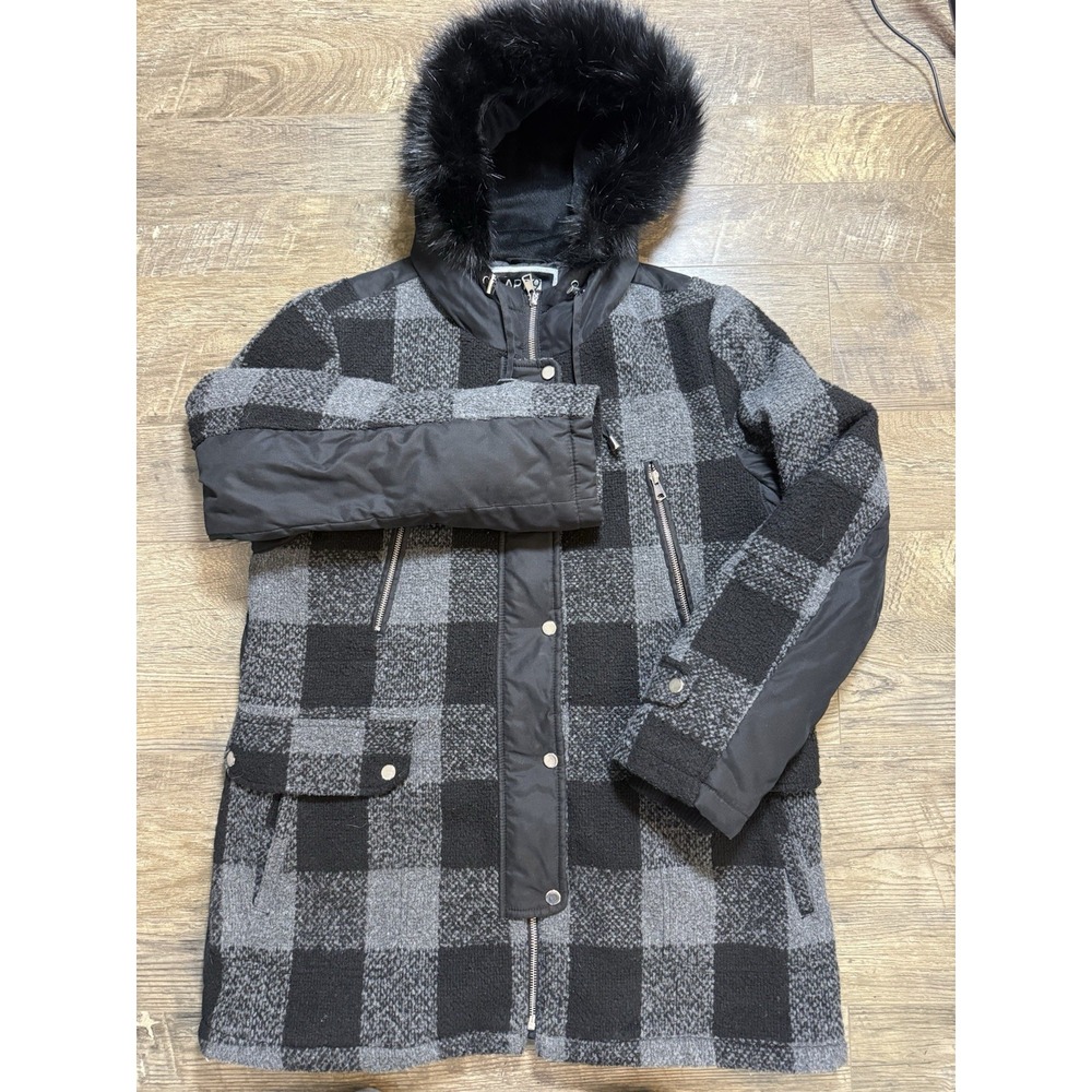 Apt 9 Women's Black Plaid Jacket Faux‎ Fur Hood Full Zip Y2K L
